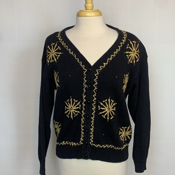 Huntington Ridge black cardigan sweater gold yarn and bead snowflakes, Medium - Picture 1 of 6